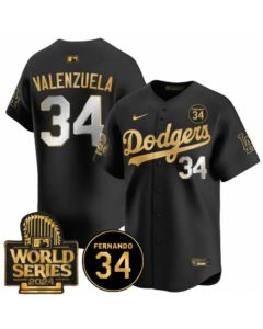 Men's Los Angeles Dodgers #34 Fernando Valenzuela Black 2024 World Series With Fernando Patch Vapor Limited Stitched Baseball Jersey (Black)