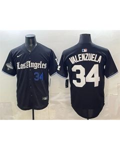 Men's Los Angeles Dodgers #34 Fernando Valenzuela Black 2025 World Series Champions Patch "Gothic Edition" Vapor Premier Limited Stitched Baseball Jersey (Black)