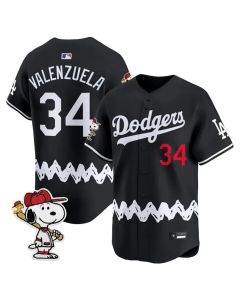 Men's Los Angeles Dodgers #34 Toro Valenzuela Black LAD x Peanuts 2026 Baseball Jersey (Black)