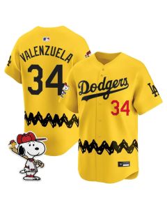 Men's Los Angeles Dodgers #34 Toro Valenzuela Gold LAD x Peanuts 2026 Baseball Jersey (Gold)