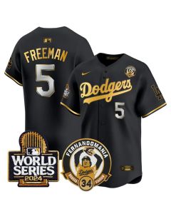 Men's Los Angeles Dodgers #5 Freddie Freeman Black Fernando Valenzuela & 2024 World Series Patch Limited Stitched Baseball Jersey (Black)