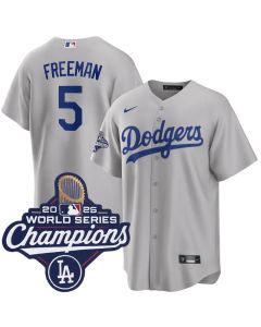 Men's Los Angeles Dodgers #5 Freddie Freeman Gray 2025 World Series Champions Home Replica Jersey (Gray)