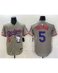 Men's Los Angeles Dodgers #5 Freddie Freeman Grey Hello Kitty Night 2025 World Series Champions Patch Stitched Baseball Jersey (Grey)