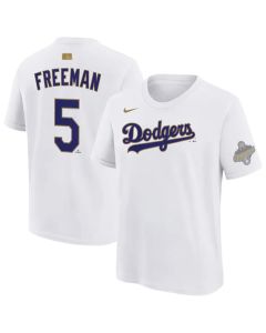 Men's Los Angeles Dodgers #5 Freddie Freeman Nike White 2026 Gold Collection Name & Number T-Shirt (Style 2)