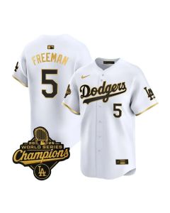 Men's Los Angeles Dodgers #5 Freddie Freeman White Golden 2025 World Series Champions Home Limited Jersey (White)