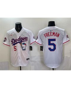 Men's Los Angeles Dodgers #5 Freddie Freeman White Hello Kitty Night 2025 World Series Champions Patch Stitched Baseball Jersey (White)