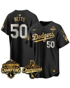Men's Los Angeles Dodgers #50 Mookie Betts Black 2025 World Series Champions Jersey (Black)