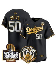 Men's Los Angeles Dodgers #50 Mookie Betts Black Fernando Valenzuela & 2024 World Series Patch Limited Stitched Baseball Jersey (Black)