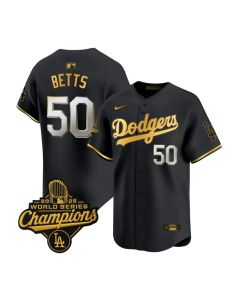 Men's Los Angeles Dodgers #50 Mookie Betts Black Golden 2025 World Series Champions Home Limited Jersey (Black)