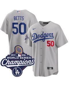 Men's Los Angeles Dodgers #50 Mookie Betts Gray 2025 World Series Champions Home Limited Jersey (Gray)