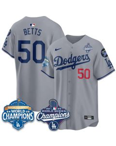 Men's Los Angeles Dodgers #50 Mookie Betts Gray 2025 World Series Champions Jersey (Gray)