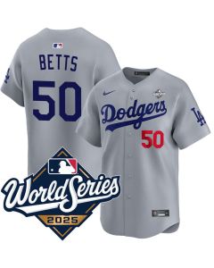 Men's Los Angeles Dodgers #50 Mookie Betts Gray 2025 World Series Home Limited Jersey (Gray)