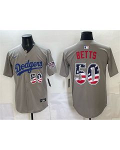Men's Los Angeles Dodgers #50 Mookie Betts Grey 250 Fourth of July Road Stitched Baseball Jersey (Grey)
