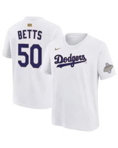 Men's Los Angeles Dodgers #50 Mookie Betts Nike White 2026 Gold Collection Name & Number T-Shirt (Style 2)