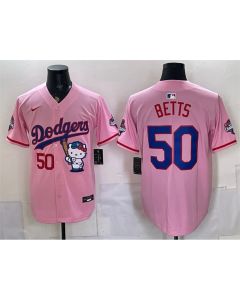 Men's Los Angeles Dodgers #50 Mookie Betts Pink Hello Kitty Night 2025 World Series Champions Patch Stitched Baseball Jersey (Pink)