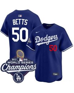 Men's Los Angeles Dodgers #50 Mookie Betts Royal 2025 World Series Champions Home Limited Jersey (Royal)