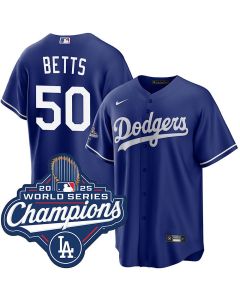 Men's Los Angeles Dodgers #50 Mookie Betts Royal 2025 World Series Champions Home Replica Jersey (Royal)