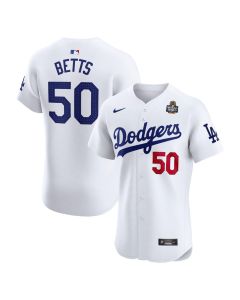 Men's Los Angeles Dodgers #50 Mookie Betts White 2024 World Series Home Elite Player Jersey (White)