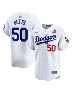 Men's Los Angeles Dodgers #50 Mookie Betts White 2024 World Series Home Limited Player Jersey (White)