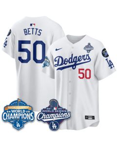Men's Los Angeles Dodgers #50 Mookie Betts White 2025 World Series Champions Jersey (Style 2)