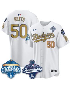 Men's Los Angeles Dodgers #50 Mookie Betts White 2025 World Series Champions Jersey (Style 3)
