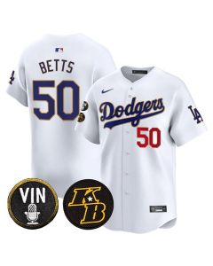Men's Los Angeles Dodgers #50 Mookie Betts White 2026 Vin & Kobe Patch Gold Trim Vapor Premier Limited Stitched Baseball Jersey (White Gold)