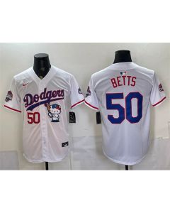 Men's Los Angeles Dodgers #50 Mookie Betts White Hello Kitty Night 2025 World Series Champions Patch Stitched Baseball Jersey (White)