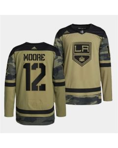 Men's Los Angeles Kings #12 Trevor Moore 2022 Camo Military Appreciation Night Stitched Jersey