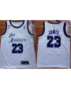 Men's Los Angeles Lakers #23 LeBron James 2022/23 White With NO.6 Patch Stitched Basketball Jersey
