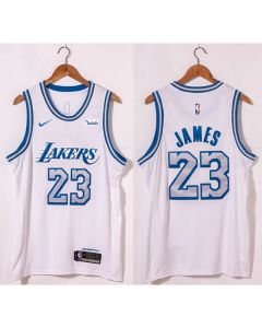 Men's Los Angeles Lakers #23 LeBron James White City Edition New Blue Silver Logo 2020-21 Stitched Jersey