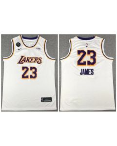Men's Los Angeles Lakers #23 LeBron James White With KB Patch Stitched Jersey