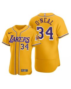 Men's Los Angeles Lakers #34 Shaquille O'Neal 2020 Gold NBA X MLB Crossover Edition Stitched Jersey