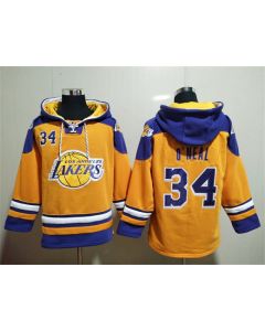 Men's Los Angeles Lakers #34 Shaquille O'Neal Yellow Lace-Up Pullover Hoodie