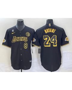 Men's Los Angeles Lakers Front #8 Back #24 Kobe Bryant With NO.6 And KB Patch Black Cool Base Stitched Baseball Jersey