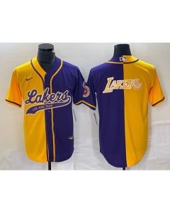 Men's Los Angeles Lakers Gold/Purple Split Team Big Logo Cool Base Stitched Baseball Jersey (Purple Gold)