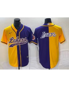 Men's Los Angeles Lakers Gold/Purple Split Team Big Logo Cool Base Stitched Baseball Jersey (Style 2)