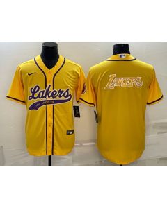 Men's Los Angeles Lakers Yellow Big Logo Cool Base Stitched Baseball Jersey (Yellow)