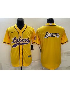 Men's Los Angeles Lakers Yellow Big Logo Cool Base Stitched Baseball Jersey