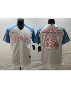 Men's Mexico Baseball #34 Fernando Valenzuela 2023 White Blue World Baseball Classic Stitched Jersey (2023)