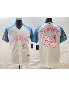 Men's Mexico Baseball #34 Fernando Valenzuela 2023 White Blue World Baseball Classic Stitched Jersey (Blue White)