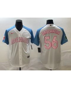 Men's Mexico Baseball #56 Randy Arozarena 2023 White Blue World Baseball Classic Stitched Jersey (2023)