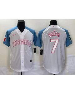 Men's Mexico Baseball #7 Julio Urias 2023 White Blue World Baseball Classic Stitched Jersey (2023)