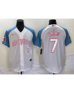 Men's Mexico Baseball #7 Julio Urias 2023 White Blue World Baseball Classic Stitched Jersey (Blue White)