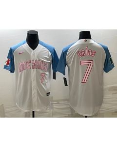 Men's Mexico Baseball #7 Julio Urias 2023 White Blue World Baseball Classic Stitched Jersey (Style 3)