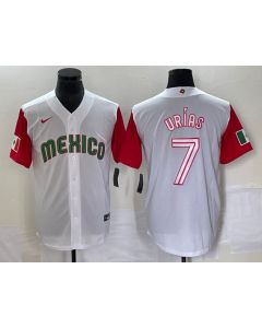 Men's Mexico Baseball #7 Julio Urias 2023 White Red World Baseball With Patch Classic Stitched Jersey (2023)