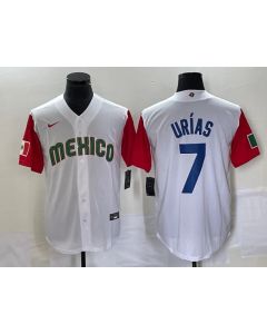 Men's Mexico Baseball #7 Julio Urias 2023 White Red World Baseball With Patch Classic Stitched Jersey (Red White)