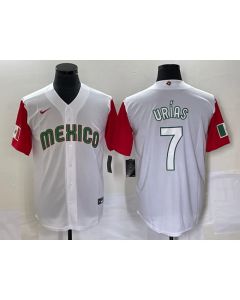 Men's Mexico Baseball #7 Julio Urias 2023 White Red World Baseball With Patch Classic Stitched Jersey (Style 2)