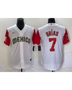 Men's Mexico Baseball #7 Julio Urias 2023 White Red World Baseball With Patch Classic Stitched Jersey (Style 4)
