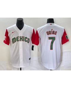 Men's Mexico Baseball #7 Julio Urias 2023 White Red World Baseball With Patch Classic Stitched Jersey (Style 5)