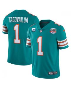Men's Miami Dolphins #1 Tua Tagovailoa 2022 Aqua With 50th Perfect Season Patch Limited Stitched Jersey